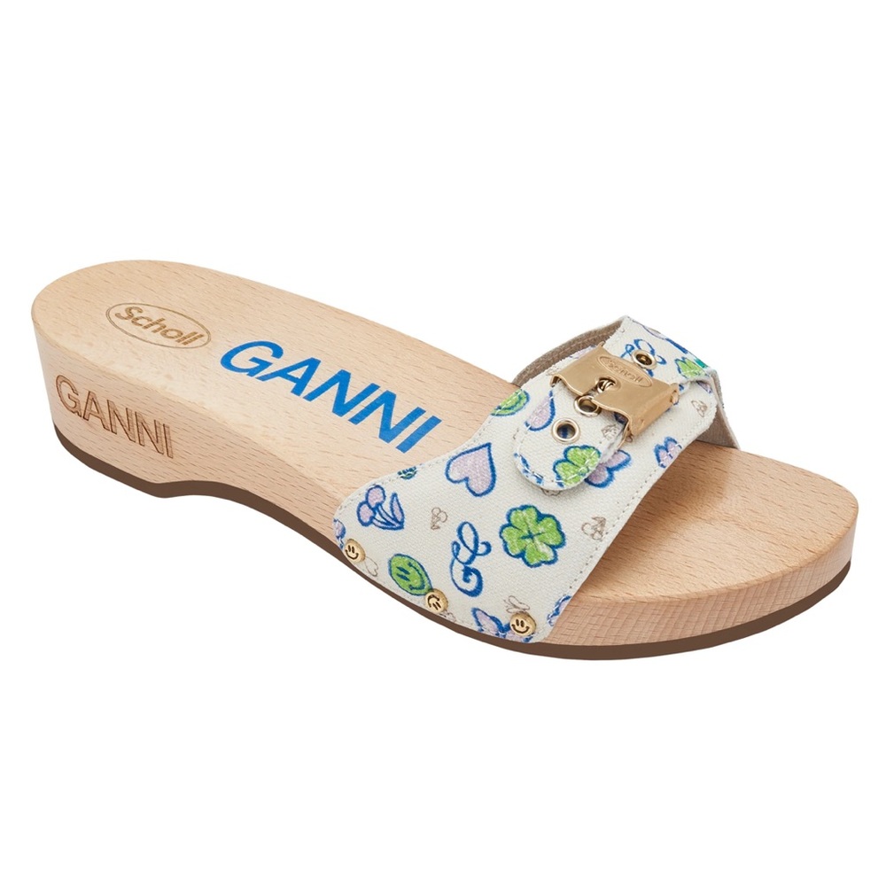 NWOB GANNI x SCHOLL Pescura Heel Wood Smiley Clogs in Offwhite/Multi Print- US 8